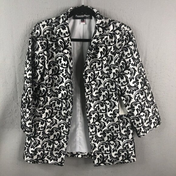 Painted Pony Jacket Womens Extra Small Black White Velvet Damask Scroll NEW
